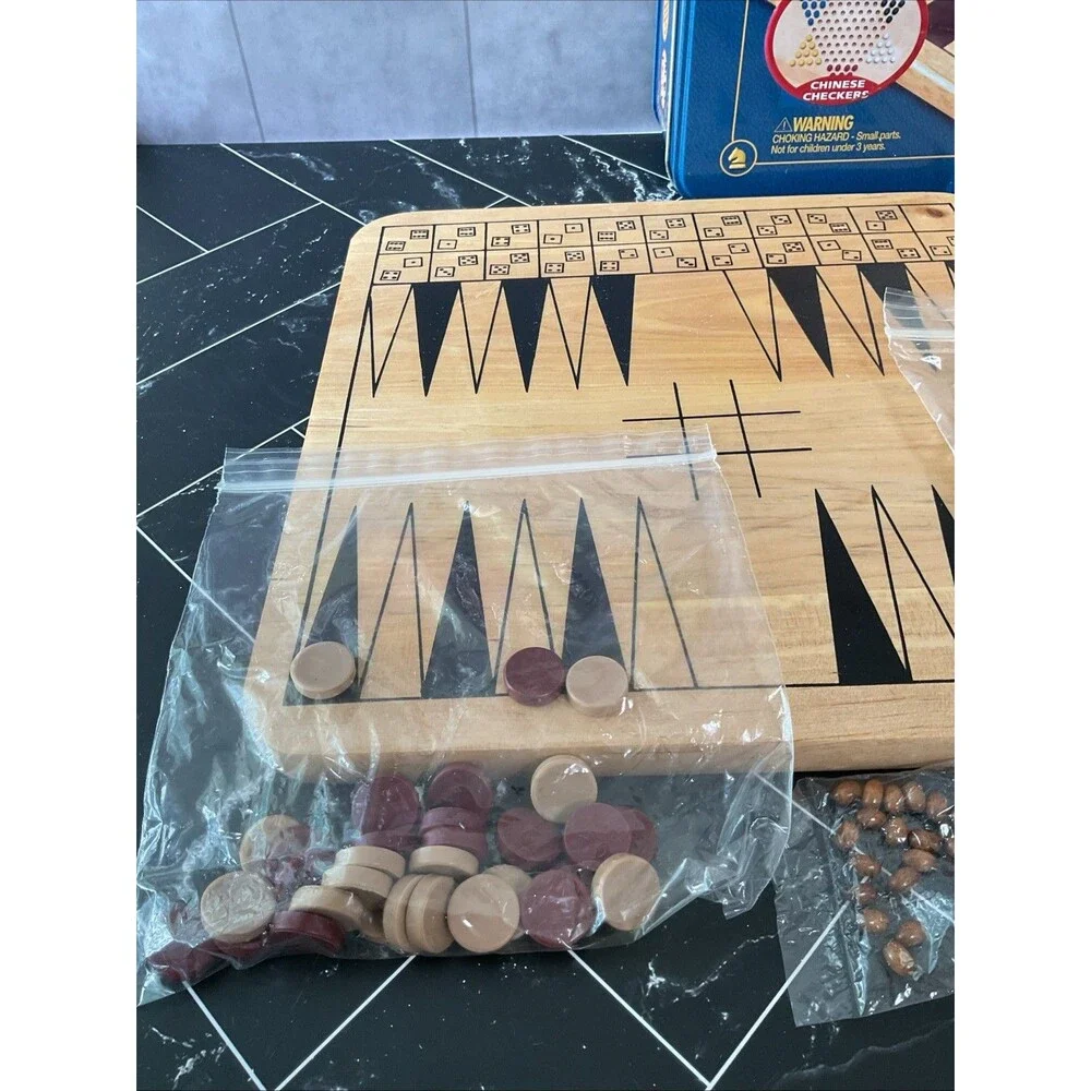 Family 7+ Mancala Game Center 8 Classic Board Games Solid Wood in Tin EUC